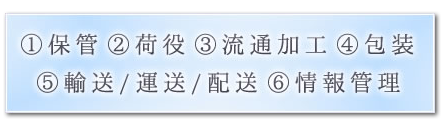 1.保管 2.荷役 3.流通加工 4.包装 5.輸送・運送・配送 6.情報管理